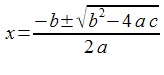 equation: X equals minus B plus or minus the square root of B squared minus four A C, all over two A